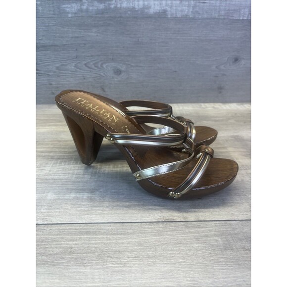 ITALIAN Shoemakers 7.5 Carved Out Wooden Heels Gold Bronze - Picture 6 of 14